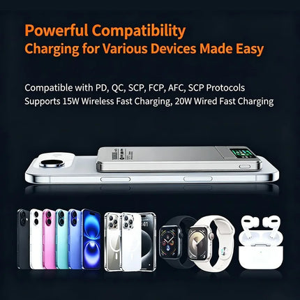 Portable Aluminum Alloy Wireless Charging Power Bank Magnetic Wireless Fast Charging with Screen for Phones Watches Headphones