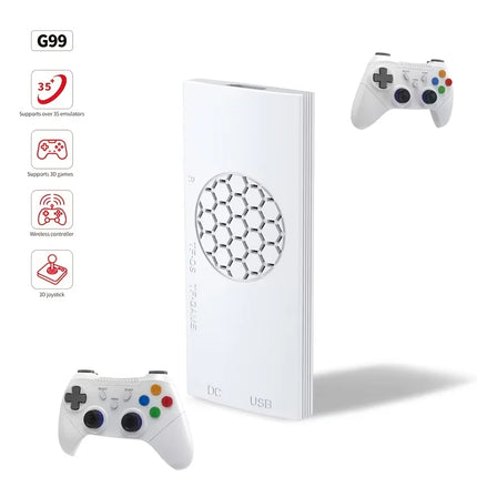 G99 plug and play TV game console, 4K high-definition output, dual wireless controllers, supports two player gaming,