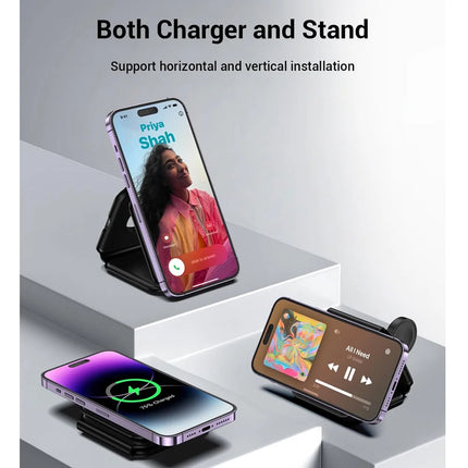 3-In-1 Foldable Magnetic Wireless Charger | Portable And Travel-Friendly | Compatible with Iphone 12-15 Series, Airpods 2/3/Pro