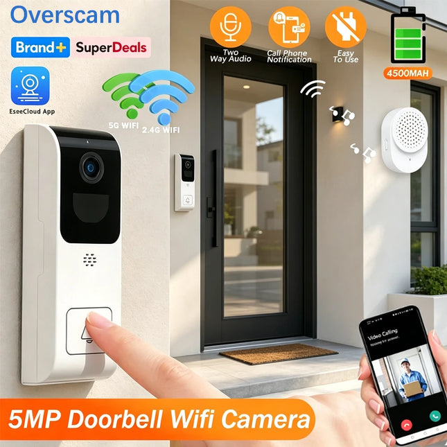 EseeCloud Video Doorbell Camera 5MP 5G/2.4G WiFi 4500mAh Battery Audio Door Bell With Phone Notification For Home Security
