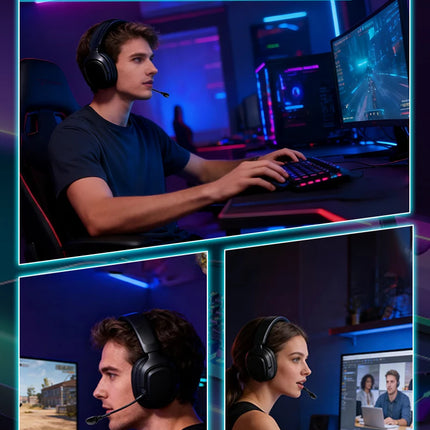 GT808 gaming headset is an ergonomic over-ear wireless headset, equipped with a 360-degree rotatable microphone and breathable