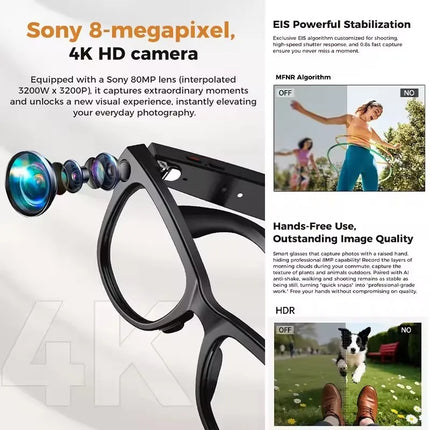 AI Smart Glasses 800W HD Camera 4K Video 32GB Storage 120+ Language Translation 3600mAh Charging Case Bluetooth Call Sunglasses