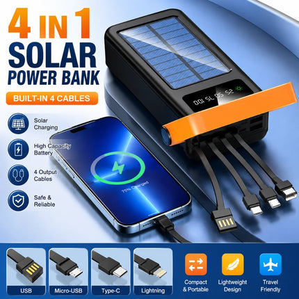 Solar Power Bank 200000mAh 120w Super Fast Charging with Four Wire External Battery Pack with Flashlight for Outdoors