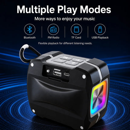 Portable Bluetooth Speaker, 52mm Driver, 5W Output, Bluetooth 5.3, TWS Pairing, RGB Light, FM Radio, TF Card, USB Playback