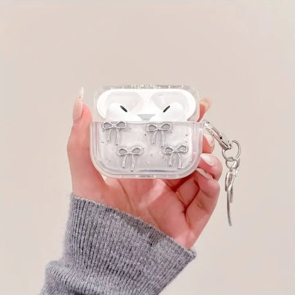 Cute Silver Bowknot Headphones Case with Pendant Clear Protective Shell Shockproof TPU Soft Cover for Airpods 4/3/2/1/pro2/pro