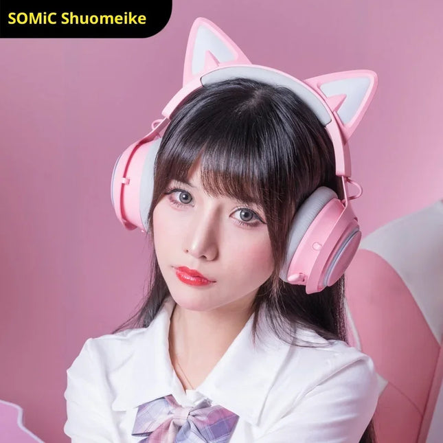 Somic GS510 Gamers Headphone With Microphone Cat Ears Rgb Light Colorful Cute Headset Noise Reduction Girl Gaming Earphones Gif
