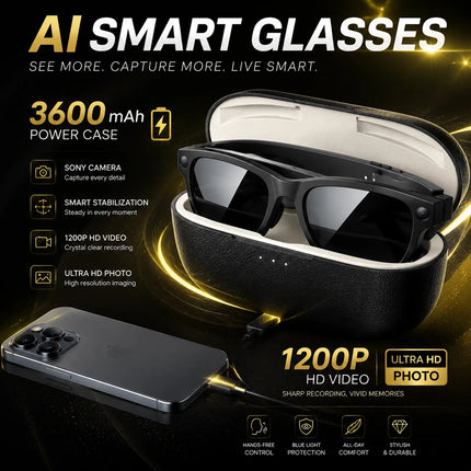2026 Smart AI Glasses 1080P HD Camera M02 Ultra ChatGPT 3600mAh Charging Case Power Bank 32GB Translation Music Video Sunglasses