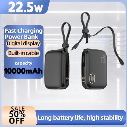 22.5W Fast Charging 10000mAh Power Bank, Dual Built-in Cable Portable Battery for New IPhone 16 Series & Android